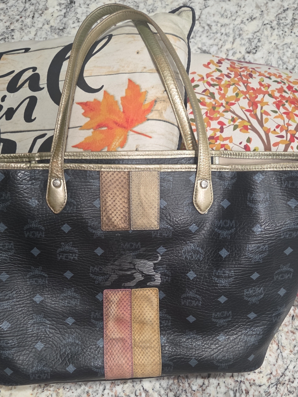 Vintage MCM Black Logo-Print Tote with Gold Handles and Two-Tone Snake Panels